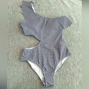 Swimsuit 1 piece women M stripes ruffled‎ cut out one shoulder travel beach